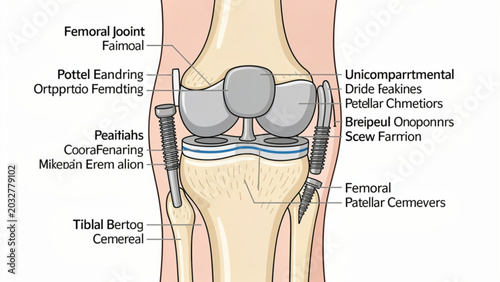 Konstfotografi Detailed human knee joint anatomy with bones cartilage ligaments and muscles in