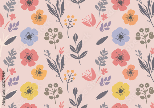 Stylish repeating flower pattern with abstract soft shapes