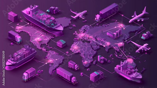 Futuristic global logistics network with various transportation modes and digital map