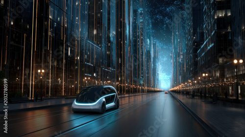 Autonomous AI vehicle driving through futuristic city streets. Automation of generation and training of artificial intelligence technology machines, AI.