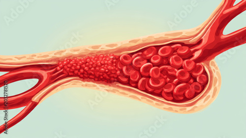 Foto Detailed medical illustration of an inflamed blood vessel with blood clots in re