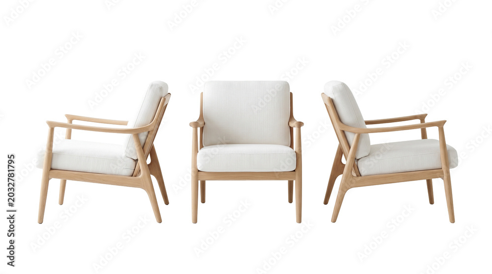 Fototapeta premium Contemporary lounge armchair with light cushions and wooden frame asset