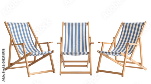 Foto Folding beach deck chair with blue and white stripes summer asset