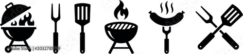 Barbecue grill icon set featuring cooking tools flame sausage spatulas forks for summer picnic backyard party elements,