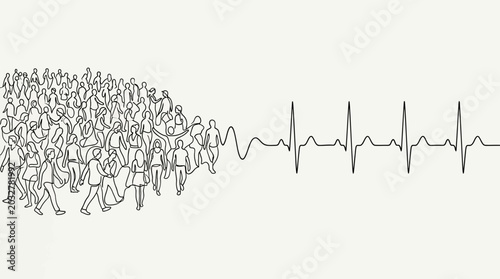 Photos A conceptual illustration showing a crowd of people transforming into a heartbeat rhythm line
