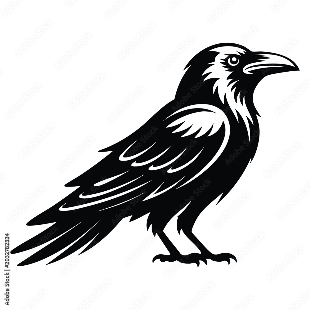 Fototapeta premium Black raven silhouette with detailed feathers and sharp beak in standing pose. Ideal for gothic themes, wildlife concepts, and dark visuals.