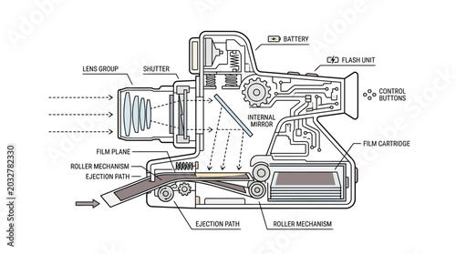 Canvastavla Technical diagram showing the internal mechanical components of an instant film camera