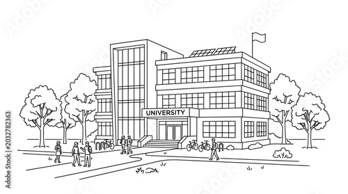 A detailed black and white line drawing of a modern university building with students walking in front.