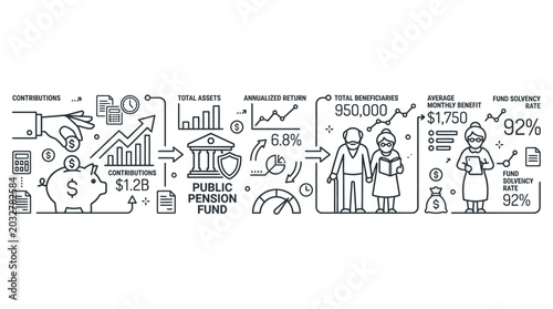 Fotografía Infographic illustration showing the flow of public pension fund contributions and benefits