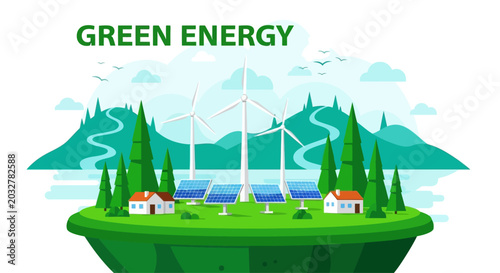 Illustration of sustainable green energy production with wind turbines and solar panels.