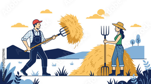 Foto A male and female farmer working together with pitchforks on a farm