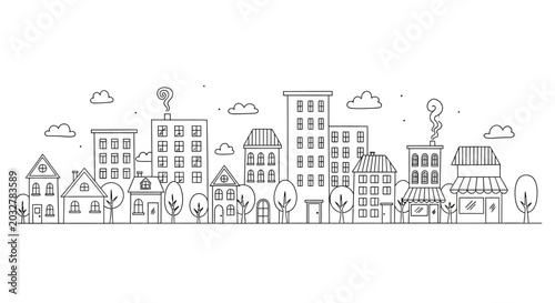 Hand drawn doodle style cityscape illustration with houses and buildings.