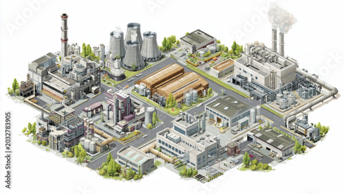 Foto Detailed aerial view of modern industrial complex with factories and cooling tow