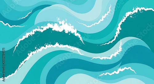 Abstract Teal Ocean Waves with White Foam Stylized Vector Illustration