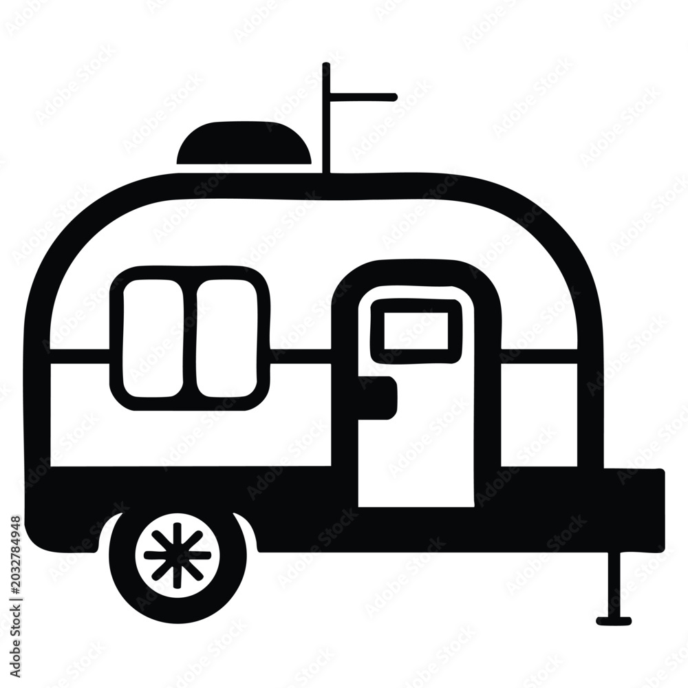 Fototapeta premium Caravan outline style vector icon for travel and outdoor adventure themes. Simple illustration suitable for tourism related designs.