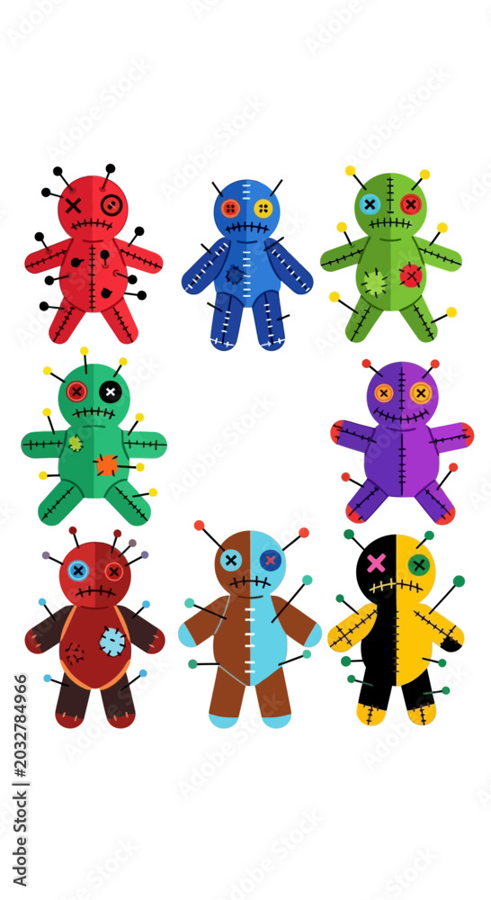 Fototapeta premium Collection of colorful voodoo dolls with pins, isolated on white background