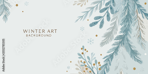 watercolor pine branches and foliage cool teal and gold tones on a light background
