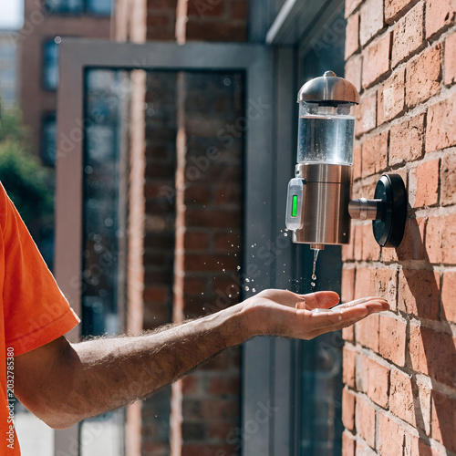 man hand with antibacterial gel from automatic sanitizer