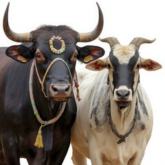 Large black bull adorned with colorful decorative beads standing beside a smaller white cow wearing a simple metal chain in this clear high quality studio photograph of two beautiful animals.