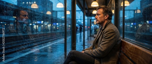 Sad man sitting on bench at train station looking out rainy window. He is waiting for transport. Reflection visible on glass. Concept of loneliness and travel. banner format