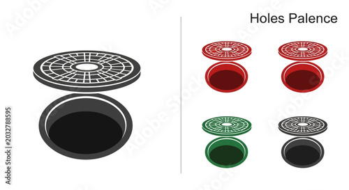 Set of Isometric Manhole Covers with Open Lids in Various Colors