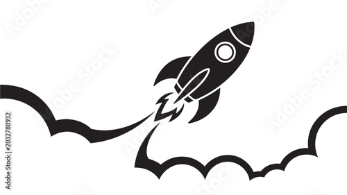 Black and white illustration of a rocket ship launching into the sky