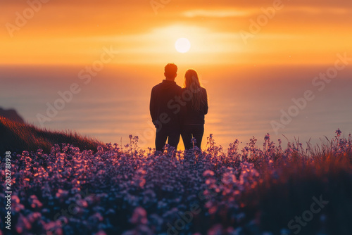 Man standing on hill gazing at sunset.