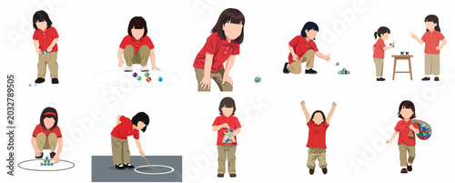 Tableau sur toile Collection of flat illustrations of a little girl playing traditional marble gam
