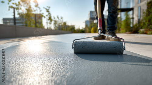 Construction worker applying protective floor coating with paint roller on modern residential terrace in sunny urban environment