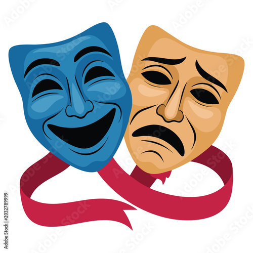 Comedy and tragedy masks vector emoji isolated on white background. Illustration suitable for acting, cinema and performance themes.
