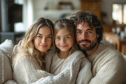 Family sitting on couch together.