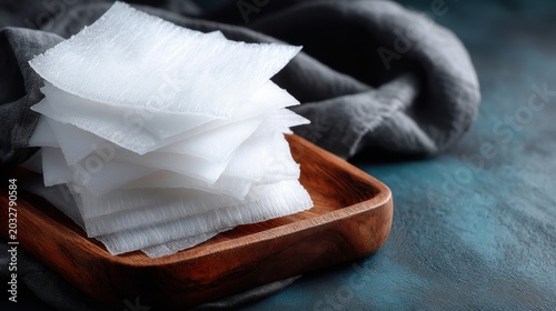 A wooden tray holds a stack of white, square-shaped items, possibly cotton swabs or similar medical instruments.