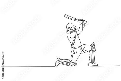 Continuous line drawing of a cricket player executing a batting stroke during an intense game with line art black and white team sport summer sport activity competition athletic professional