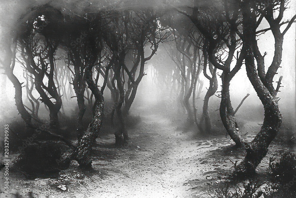 Fototapeta premium Scary forest tree fog vegetation.