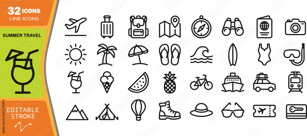 Naklejka premium Set of 32 outline for summer travel, including luggage, landmarks, and activities suitcase backpack airplane