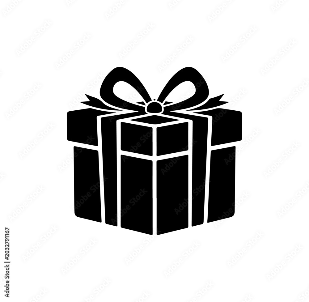 Fototapeta premium Black gift box icon, wrapped present illustration, ribbon bow symbol, minimalist vector graphic