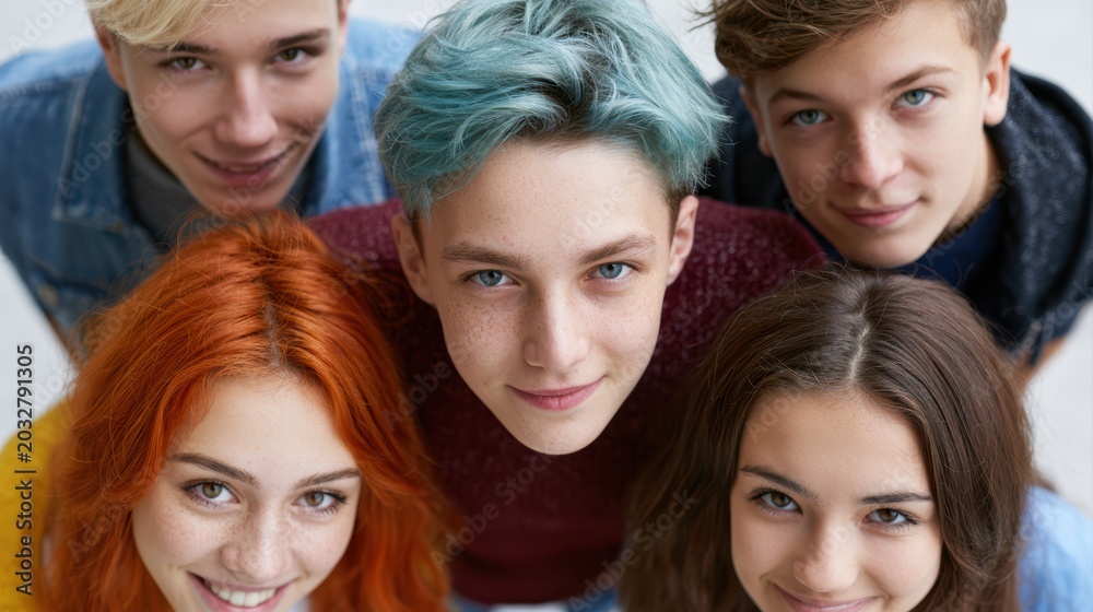 Obraz premium Group of teenagers looking down at camera outdoors, friendship and youth energy