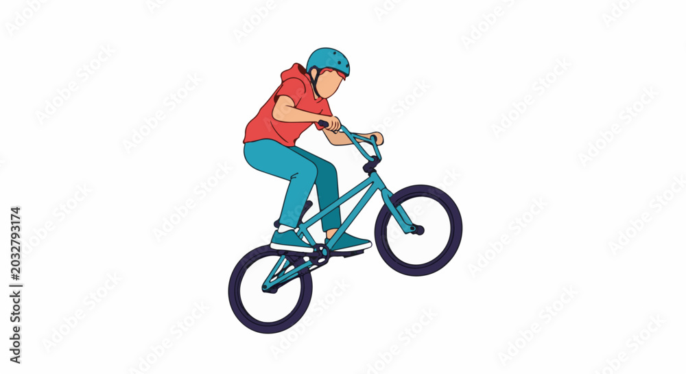Fototapeta premium Person in helmet riding a BMX bike on its back wheel