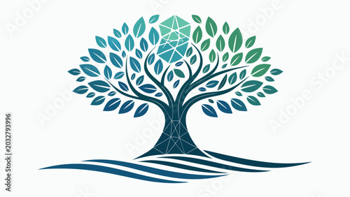 Tree with green leaves and roots.