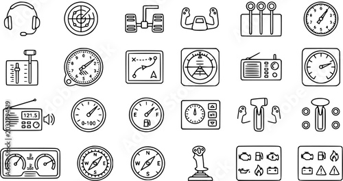 Konstfotografi Aviation Equipment Icons: Line Art Set of Cockpit Instruments, Controls, and Nav