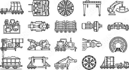 Tableau sur toile Black and White Line Art Icons of Tunnel Boring Machine, Construction Equipment
