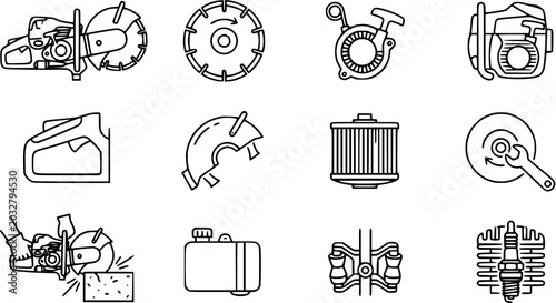 Photography Black and White Line Art Icons of Construction and Power Tool Parts