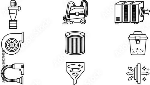 Foto Black and White Line Art Icons of Industrial Dust Collection and Air Filtration