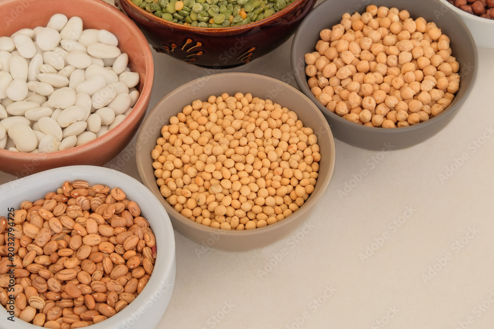 Obraz premium Protein products for vegetarians. Top view. Soy and other nutrients in bowl. Various vegetarian organic products.