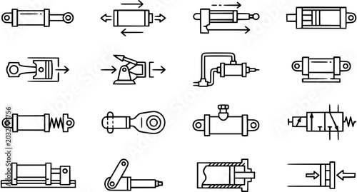 Εκτύπωση καμβά Industrial Hydraulic and Pneumatic Cylinders, Actuators, Valves Line Art Icons Set