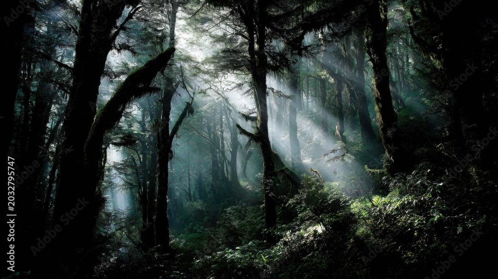 Fototapeta premium Misty morning light filtering through dense forest trees creating ethereal sunbeams illuminating a natural woodland path