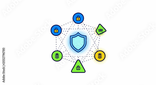 Abstract network of security and data icons arranged around a central shield