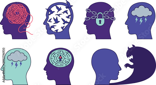 Fotografie Mental Health and Psychological Disorder Icon Set Featuring Anxiety Depression F