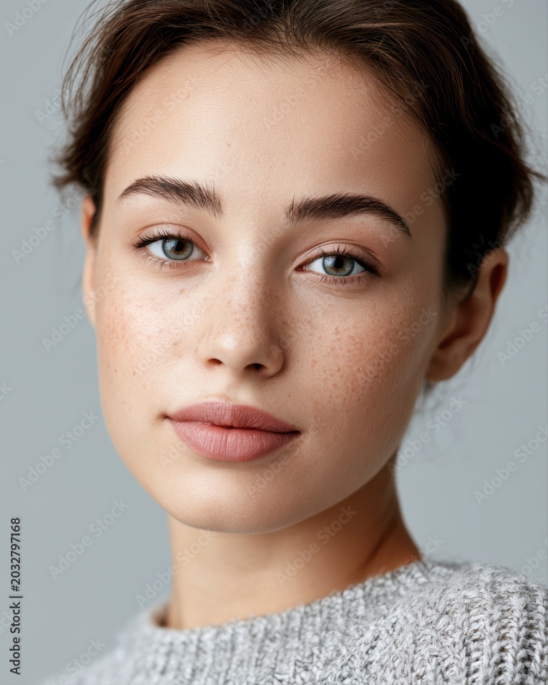 Fototapeta premium Beautiful young woman looking directly at camera, clean natural beauty portrait with soft shadows