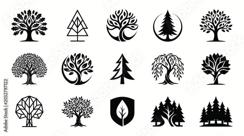 Collection of Diverse Tree Silhouettes and Logos Representing Nature and Growth.